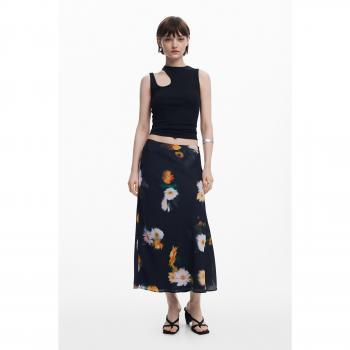 Saia Midi Preta com Estampa Floral