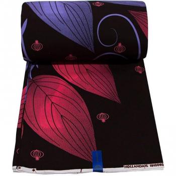 African Pagnes Wax Fabric Purple and Red Leaf Print Black 6 Yards