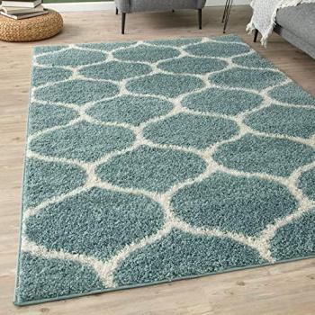 Trellis Design Shaggy Rug in Duck Egg Blue