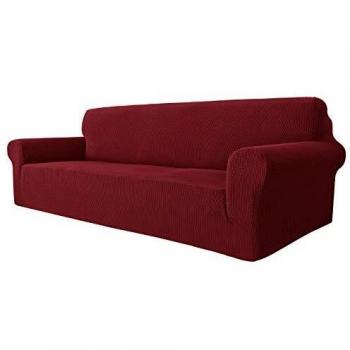 MAXIJIN Super Stretch Couch Cover for 4 Seater Couch, Extra Large Universal Sofa Covers Jacquard Spandex Pet Dog Furniture Protector Fitted Couch Slipcover (4 Seater, Wine Red)