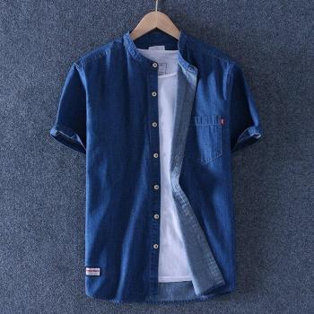 Chemise short‑sleeve denim 100 % coton – mode vintage coréenne