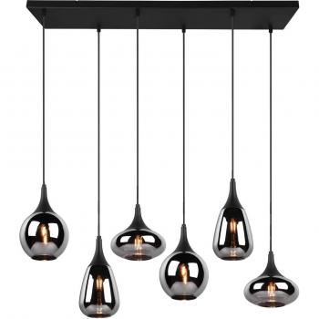 Hängeleuchte Lumina, 6-flammig, schwarz/chrom, elegantes Glas