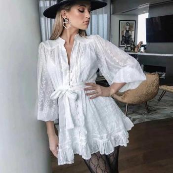 V-Neck White Boho Dress with Long Sleeves and Embroidery