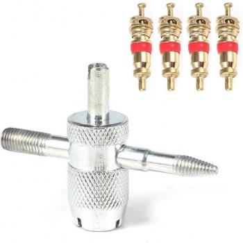 4-Way Valve Stem Tool with 4 Replacement Cores for Automotive and Cycling