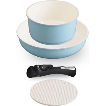Set de cacerolas y sartenes Iris Ohyama: 26 cm, mango extraíble, diseño compacto (cerámica azul)