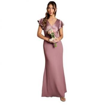 Dusty Mauve Satin Bridesmaid Maxi with Angel Sleeves