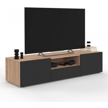 Meuble TV 140 cm style moderne en bois hêtre et portes noires