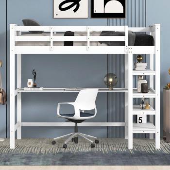 Lit mezzanine bureau et rangements 90x200 cm, modèle enfant, pin blanc