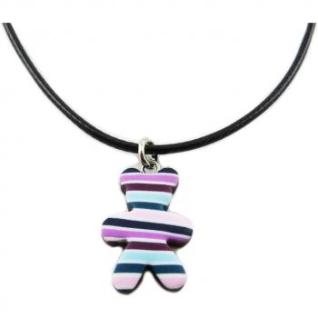 Custom Made 'Colombine & Arlequin' Necklace with Purple and Blue Teddy Bear Pendant, Dimensions: 19x14 mm