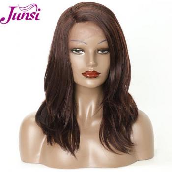 JUNSI Black Short Bob Wavy Lace Front Synthetic Wig