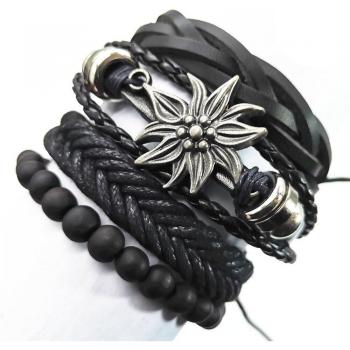 4pcs Handmade Black Leather Bracelets with Sunflower Rivet Wing Blade Beads and Skull Design