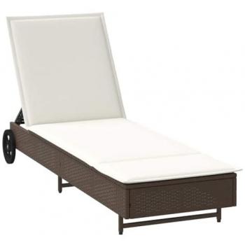 Lettino da Giardino con Ruote e Cuscino in Polyrattan Marrone