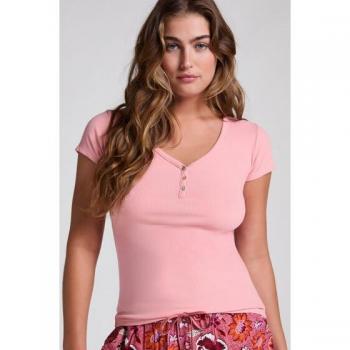 Top rosa Henley con manga corta para dormir
