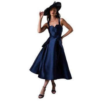 Mid‑Length Lisa Tan Twill Dress, Navy, Volume Belt