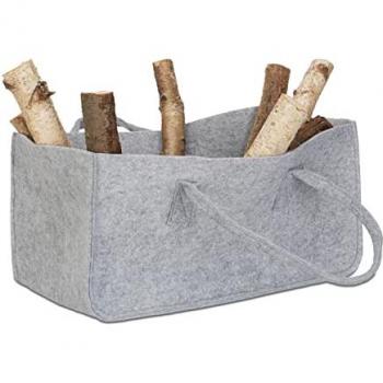 Bâton de bois en feutre pliable, panier à bûches, 2 poignées – HxlxP 25 cm × 25 cm × 50 cm gris (Relaxdays)
