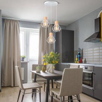 Triple LED Pendant Lamp – E27, Round Base, Diamond Frosted Shade, Metal & Wood Accents