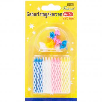 Idena Partykerzen‑Set 24 Kerzen + 12 Halter – Happy Birthday Dekoration