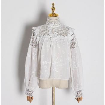 Chemise Femme Col Montant Manches Longues Patchwork Évider Automne
