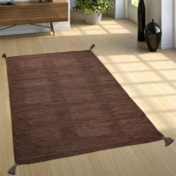 Kelim da Soggiorno in Cotone Intessuto a Mano con Frange, Dimensioni 160x220 cm, Tinta Unita Marrone