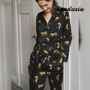 Pyjama satin femme motif tigre, ensemble 2 pièces, vêtements de nuit, Hiloc 2022