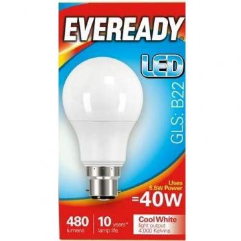 Eveready LED GLS Light Bulb 5.5W 40W 480 Lumens B22 Cool White