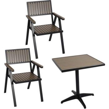 Conjunto Exterior 861: 2 Sillas y Mesa, Aluminio con Acabado Madera