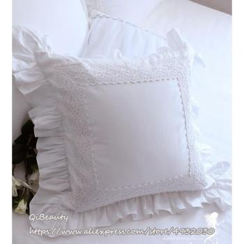 Lace Trim White Satin Pillow Cover