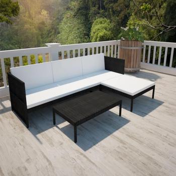 Set di Mobili da Giardino 3pz in Polyrattan Nero con Cuscini