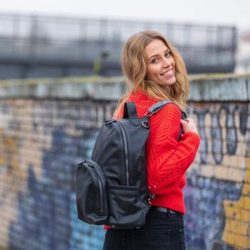 Black Vegan Leather Backpack, Pink Lined (Shoreditch Collection)