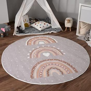 Kinderteppich PACO HOME Eliz 392, grau (grau, beige), H:12mm Ø:160cm, Polyester, Teppiche, Kurzflor, Spielteppich, Patchwork-Muster, Motiv Punkte & Regenbogen