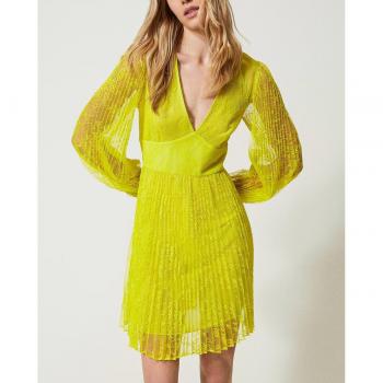 Twinset Vestiti Abito a Plissé in Pizzo Giallo Light Lemon 42