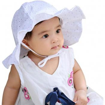 Chapeau protection solaire bébé coton bord large plage rose blanc