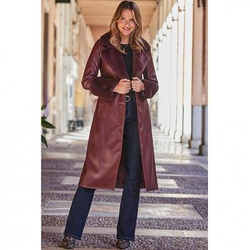 Sosandar Red Leather Coat for Women featuring Faux Fur Trim