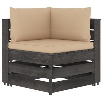 Sofá de esquina con cojines y madera impregnada en gris