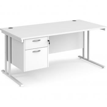 Maestro 25 Straight Desk with 2 Drawer Pedestal, 1600mm x 800mm, White Cantilever Frame, White Top