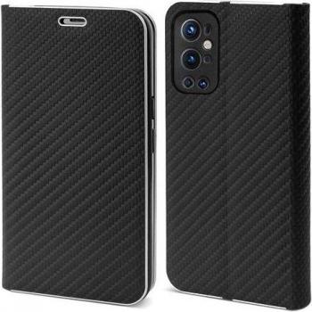 Moozy Flip Cover OnePlus 9 Pro Noir Carbone – Étui Portefeuille avec Bordure Métallique