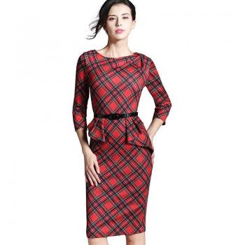 Robe Vintage Rouge Tartan Ceinture Péplum Printemps B267