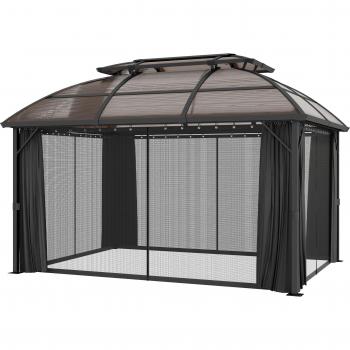 Outsunny 4 × 3 m Aluminum Frame Pergola, Polycarbonate Shelter, Curtains, Netting, Double‑Roof – Brown