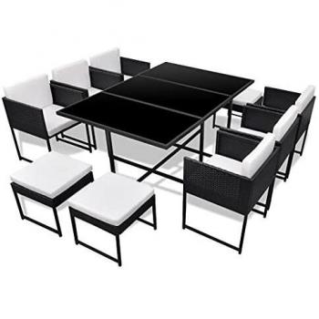 VidaXL 11-tlg. Garten-Essgruppe mit Auflagen Poly Rattan Schwarz