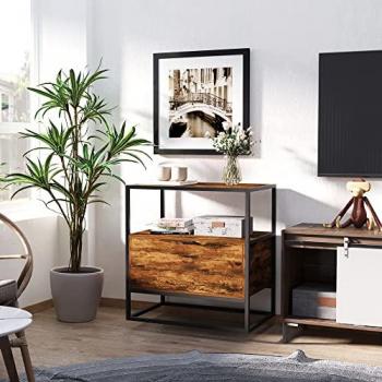 Retro Industrial-Style Side Table with Drawer and Open Shelf