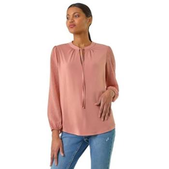 Dazzling Peach Tie‑Neck Dobby Sleeve Top by Roman – Size 14