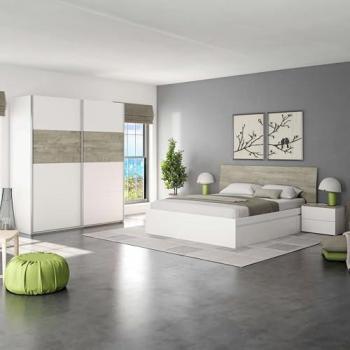 Pack de Muebles para Dormitorio Completo Estilo Nórdico en Color Roble Alaska y Blanco Artik (Cama + Cabecero + Mesitas + Armario)