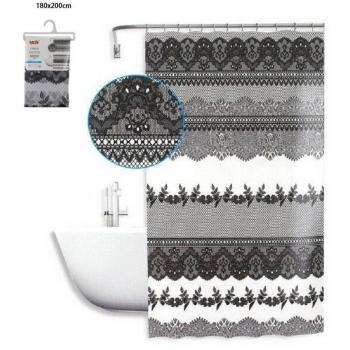 Cortina de Baño Cleafe Antimoho 180x200 cm con Aros y Detalle en Encaje Negro