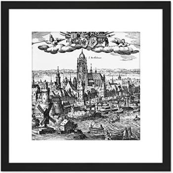 Black 8”×8” Antique Merian 1618 Frankfurt Am Main Wall Art Picture – Wood Frame and Mount