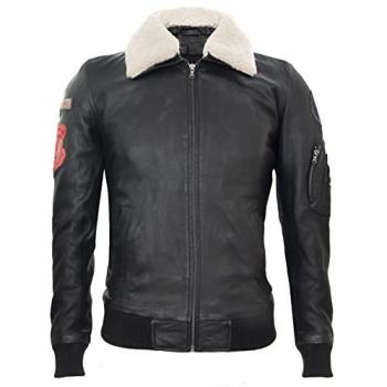 Infinity Leather Men's Black Air Force Bomber Jacket with Detachable Collar