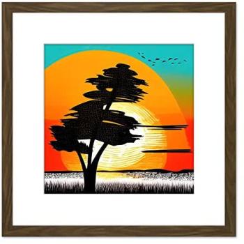 Black Tree Horizon: Brown Framed Linocut 8x8 Portrait