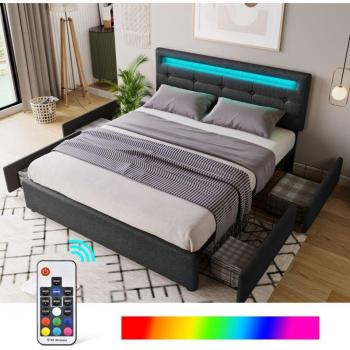 Letto Imbottito Senza Materasso 140x200 Nero con LED e 4 Cassetti