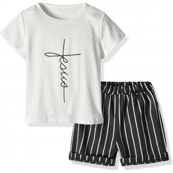 Kid's Round Neck T-Shirt with Striped Shorts Leisure Outfit