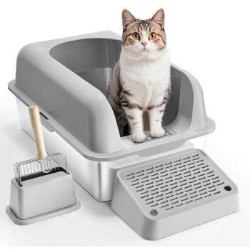 Vevor Big Cat Stainless Steel Litter Box, 152 mm Deep, High Sides, Scoop Included, Easy Clean