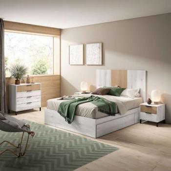 Pack de muebles de dormitorio arles estilo nórdico en color blanco albo y roble rayado con cabecero suspendido, 2 mesitas y cómoda 4 cajones